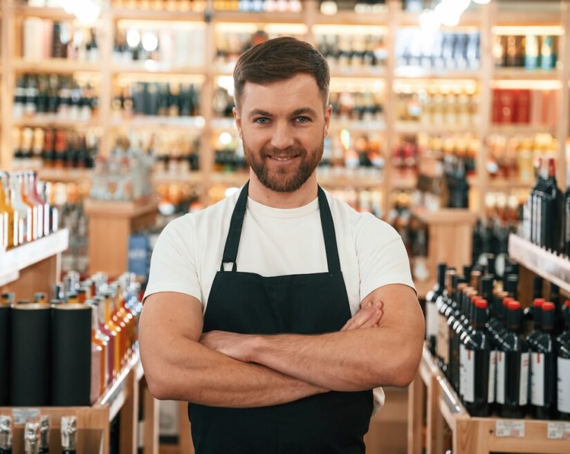 With arms crossed. Wine shop owner in white shirt and black apron.